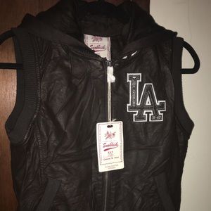 Pu dark brown vest with hood removable